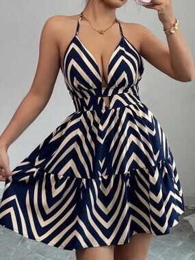 Navy Blue Bohemian Backless Spaghetti Strap Women's Vacation Dress